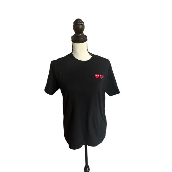 Black Graphic Tee Comme des Garçons Play Double Heart Logo Size M - Picture 1 of 6